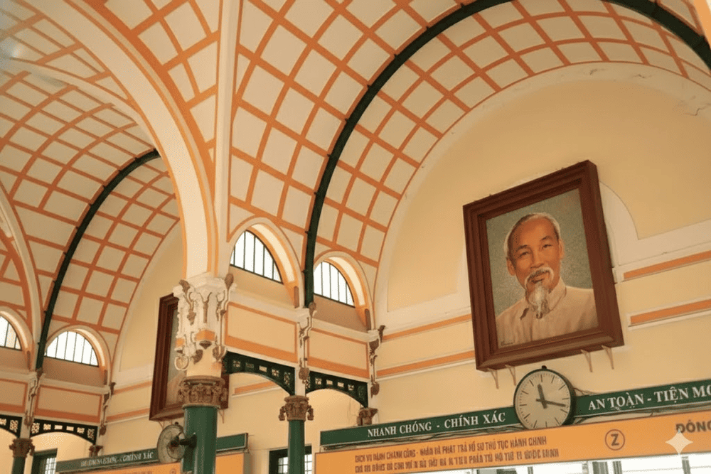 The large portrait of President Ho Chi Minh, displayed prominently in the central hall above the main counter